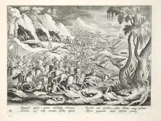 Pygméer på getter som jagar Trana, illustration från 